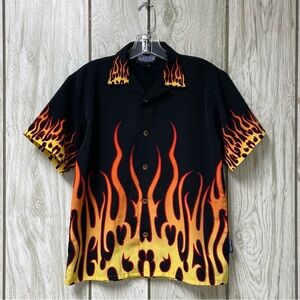 VTG Silver Point Men Black Flame Print 90s Y2K Button-Up Short Sleeve Shirt M